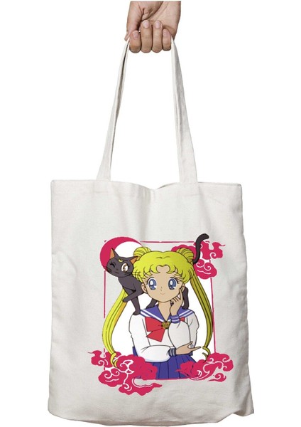 Anime Sailor Moon And Cat Iki Taraf Kalıcı Yıkanabilir Okul Plaj Omuz Bez Çanta