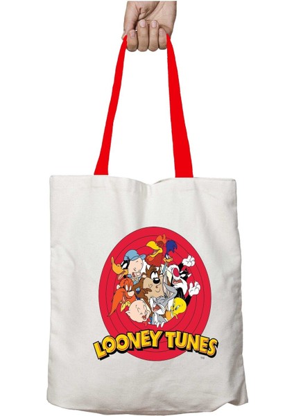 Kırmızı Kulplu Looney Tunes Karakterler Yıkanabilir Omuz Çanta