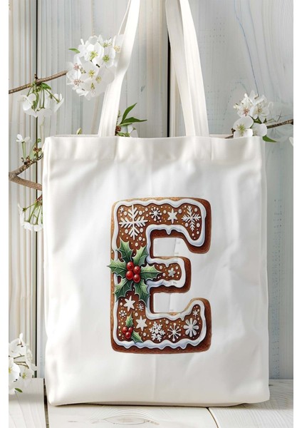 E Harfi Kurabiye Noel Yeniyıl Isimli Baskılı Bez Omuz Çantası Çift Taraflı Kişiye Özel Model 6