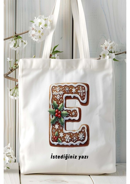 E Harfi Kurabiye Noel Yeniyıl Isimli Baskılı Bez Omuz Çantası Çift Taraflı Kişiye Özel Model 6 fiyatları
