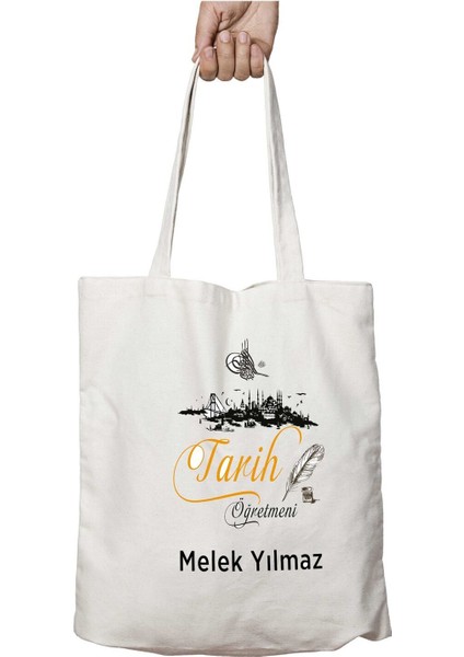 Kişiye Özel Tarih Öğretmeni Tuğra Iki Tarafı Kalıcı Baskılı Yıkanabilir Çanta