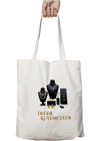 Kişiye Özel Altın Gümüş Set Kuyumcu Iki Tarafı Kalıcı Baskılı Yıkanabilir Okul Plaj Omuz Bez Çantası