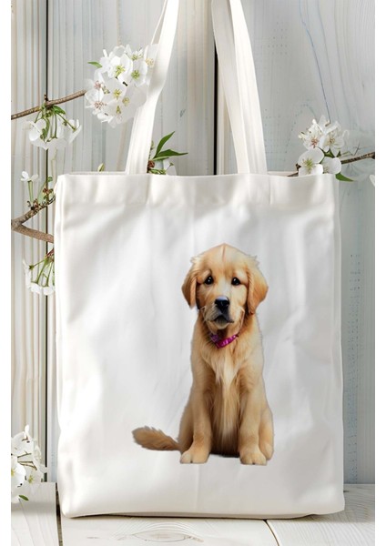 Golden Retriever Köpek Baskılı Bez Çanta Omuz Çantası Kişiye Özel Model 30