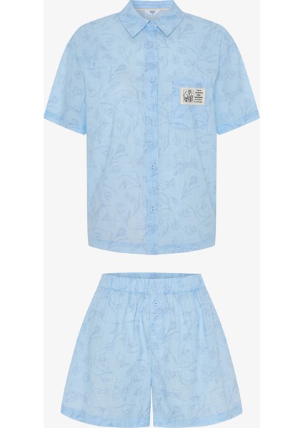 Açık Mavi Antalya Çiğdemi Pamuklu Çiçekli Gömlek Şort Pijama Takımı - Inspired by Flora fiyatları