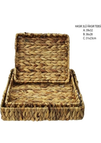 Bambu Hasırlı 3'lü Kare Sunum Tepsisi, Kahve, Çay ve Kahvaltı Için Şık ve Doğal Seçenek