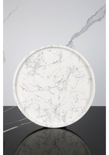 Mermer Desenli Yuvarlak Sunum Tabağı 28 Cm, Şık ve Zarif Sunum Tepsisi