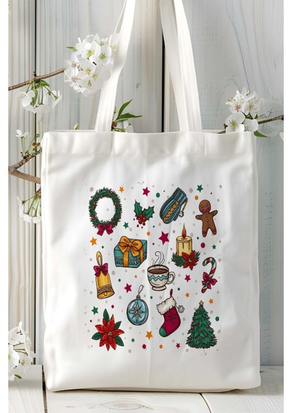 Yılbaşı Desen Baskılı Bez Omuz Çantası Kişiye Özel Model 24