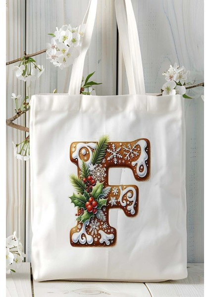 F Harfi Kurabiye Noel Yeniyıl Isimli Baskılı Bez Omuz Çantası Çift Taraflı Kişiye Özel Model 7