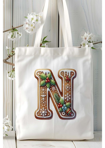 N Harfi Kurabiye Noel Yeniyıl Isimli Baskılı Bez Omuz Çantası Çift Taraflı Kişiye Özel Model 16