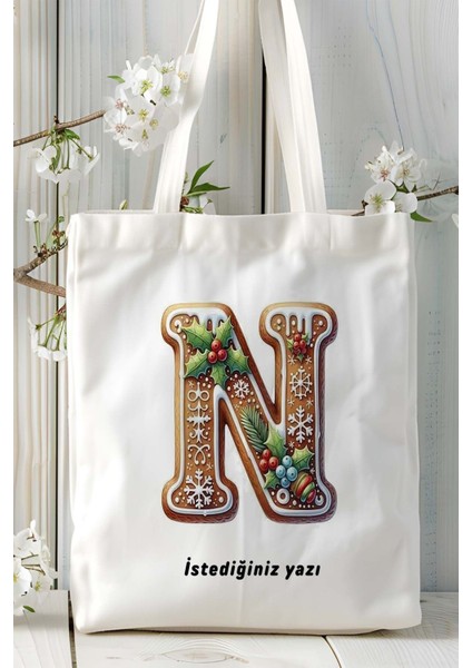 N Harfi Kurabiye Noel Yeniyıl Isimli Baskılı Bez Omuz Çantası Çift Taraflı Kişiye Özel Model 16 fiyatları