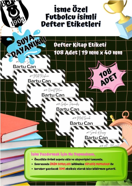 Besiktas Taraftar Etiketi Defter Etiketi Kitap Etiketi Kişiye Özel Suya Dayanıklı Isim Yazılabilien