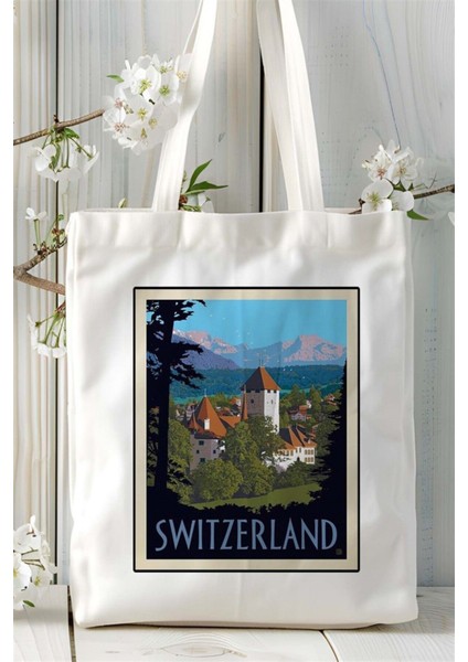 Switzerland Isviçre Baskılı Bez Çanta Omuz Çantası Kişiye Özel Desen