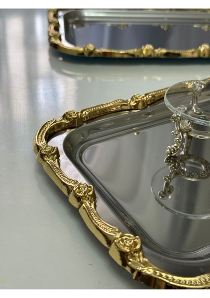 2 Adet Metalik Büyük Dikdörtgen Gold Çerçeveli Servis Tepsisi 17X33 cm fiyatları