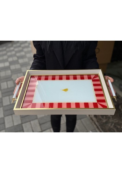 Şık Ahşap Profil Kırmızı Kuş Desenli Çay Kahve Tepsisi