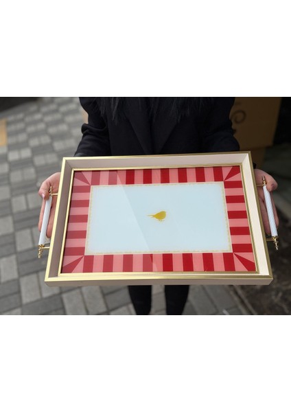 Şık Ahşap Profil Kırmızı Kuş Desenli Çay Kahve Tepsisi fiyatları