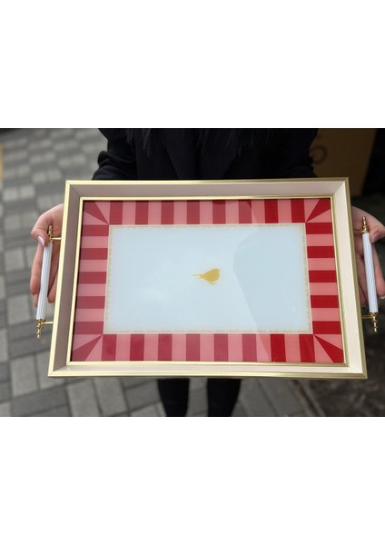 Şık Ahşap Profil Kırmızı Kuş Desenli Çay Kahve Tepsisi modelleri