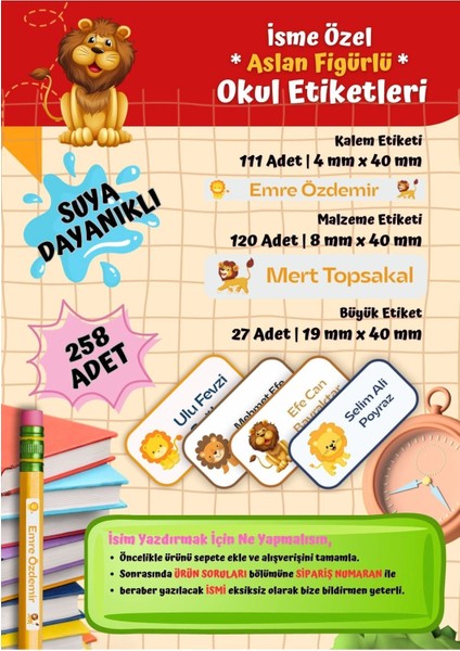 Aslan Okul Etiketi Defter Etiketi Kalem Etiketi Kişiye Özel Suya Dayanıklı Isim Yazılabilien