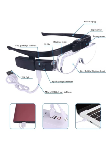 Şarjlı Işıklı Gözlük Büyüteç 3 Lensli Okuma Kuyumcu Gözlüğü Saatçi Onarımı Dokuma Sanatı modelleri