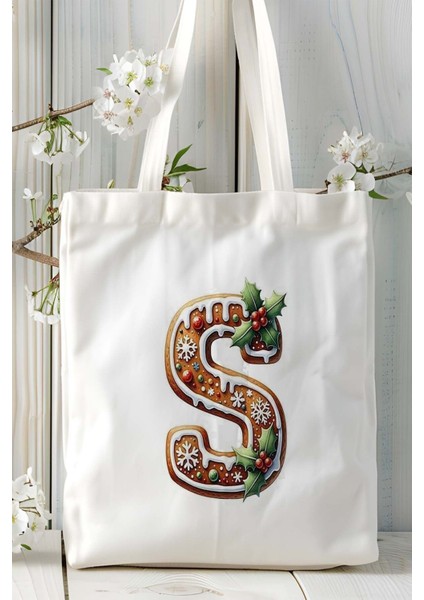 S Harfi Kurabiye Noel Yeniyıl Isimli Baskılı Bez Omuz Çantası Çift Taraflı Kişiye Özel Model 21