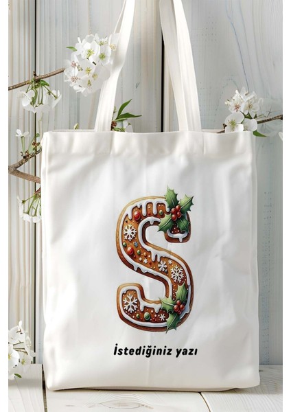 S Harfi Kurabiye Noel Yeniyıl Isimli Baskılı Bez Omuz Çantası Çift Taraflı Kişiye Özel Model 21 fiyatları