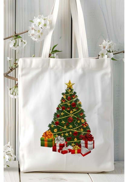 Yılbaşı Yıl Başı Noel Ağacı Baskılı Bez Omuz Çantası Kişiye Özel Model 10