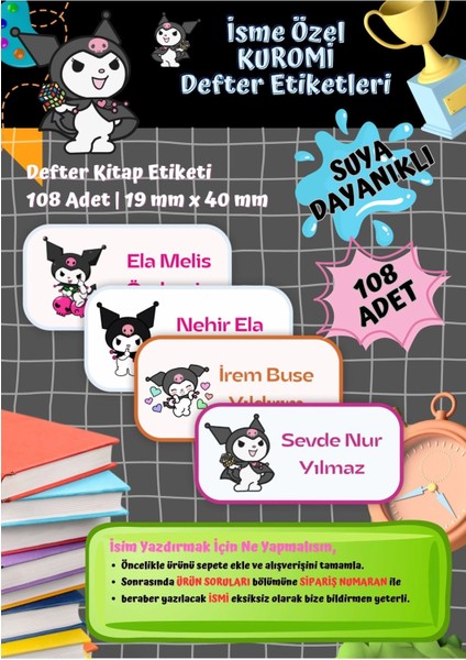 Kuromi Sanrio Etiketi Defter Etiketi Kitap Etiketi Kişiye Özel Suya Dayanıklı Isim Yazılabilien