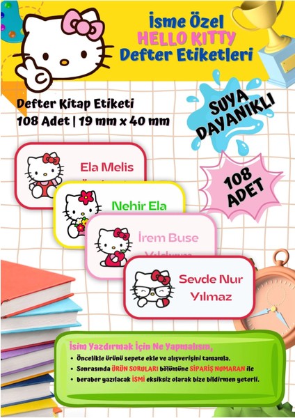 Hello Kitty Sanrio Etiketi Defter Etiketi Kitap Etiketi Kişiye Özel Suya Dayanıklı Isim Yazılabilien