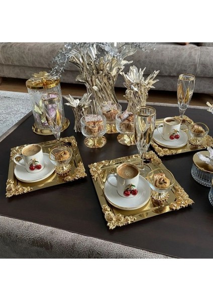 Altı Parçalı Gold Detaylı 18/10 Çelik Kahve Sunum Tepsisi Seti fiyatları