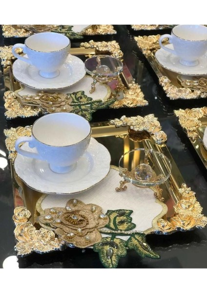 Altı Parçalı Gold Detaylı 18/10 Çelik Kahve Sunum Tepsisi Seti