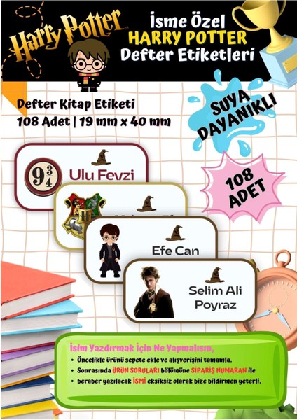 Harry Potter Etiketi Defter Etiketi Kitap Etiketi Kişiye Özel Suya Dayanıklı Isim Yazılabilien