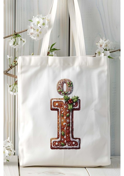 I Harfi Kurabiye Noel Yeniyıl Isimli Baskılı Bez Omuz Çantası Çift Taraflı Kişiye Özel Model 11