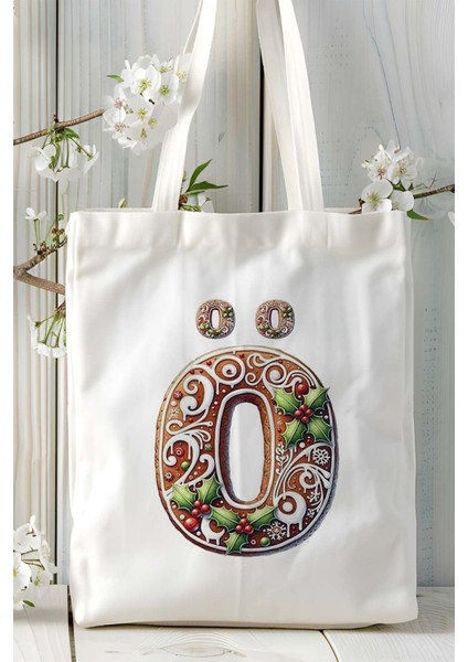 Ö Harfi Kurabiye Noel Yeniyıl Isimli Baskılı Bez Omuz Çantası Çift Taraflı Kişiye Özel Model 18