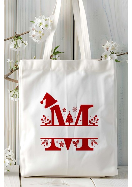 M Harfi Yeni Yıl Noel Yeniyıl Isimli Baskılı Bez Omuz Çantası Çift Taraflı Kişiye Özel Model 15