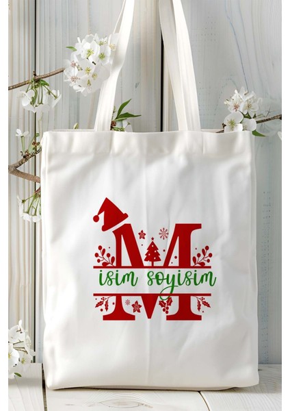 M Harfi Yeni Yıl Noel Yeniyıl Isimli Baskılı Bez Omuz Çantası Çift Taraflı Kişiye Özel Model 15 fiyatları