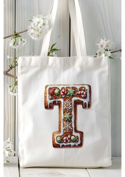 T Harfi Kurabiye Noel Yeniyıl Isimli Baskılı Bez Omuz Çantası Çift Taraflı Kişiye Özel Model 23