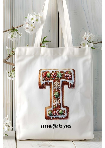 T Harfi Kurabiye Noel Yeniyıl Isimli Baskılı Bez Omuz Çantası Çift Taraflı Kişiye Özel Model 23 fiyatları