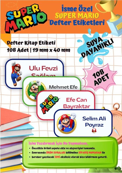 Süper Mario Etiketi Defter Etiketi Kitap Etiketi Kişiye Özel Suya Dayanıklı Isim Yazılabilien