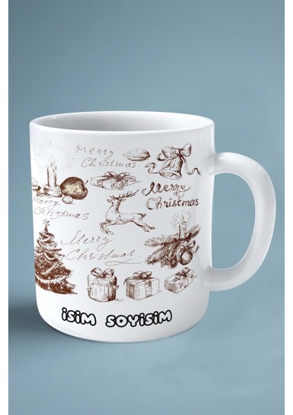 2024 Yılbaşı Noel Isimli Baskılı Kupa Bardak Kahverengi Geyik Yeni Yıl