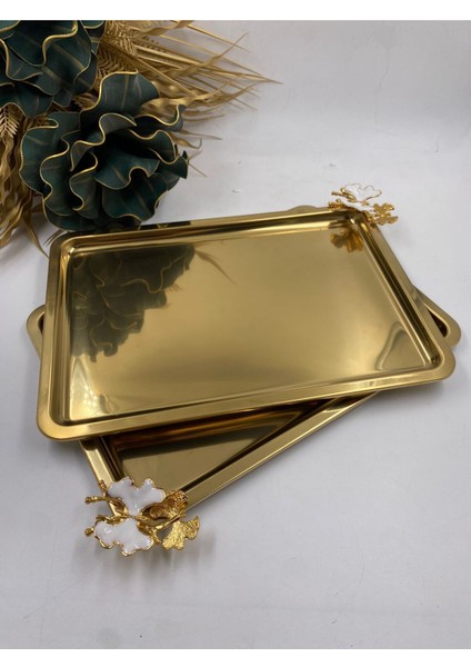 Gri Renkli 2'li Kelebekli Paslanmaz Metal Çay ve Kahve Sunum Tepsisi 33X23 cm