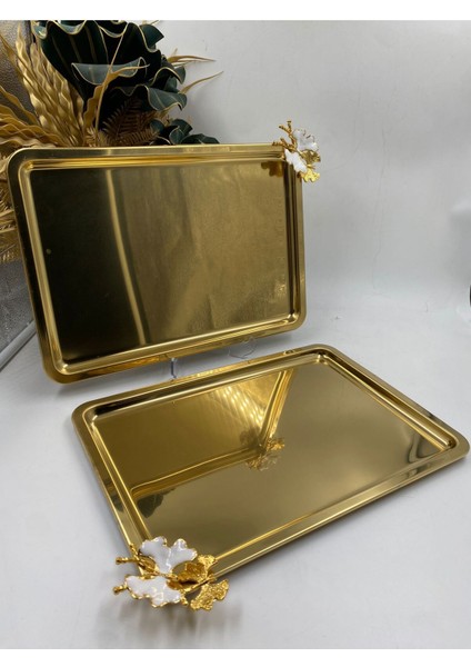 Gri Renkli 2'li Kelebekli Paslanmaz Metal Çay ve Kahve Sunum Tepsisi 33X23 cm fiyatları