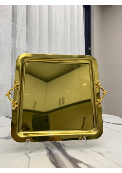Şık Kare 3'lü Ince Kulplu Gold Kaplama Sunum Tepsisi 21X21 cm fiyatları
