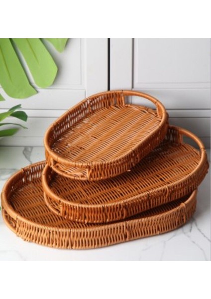 3'lü Hasır Örme El Işi Oval Tepsi Seti, Kahverengi, Şık ve Doğal Tasarım