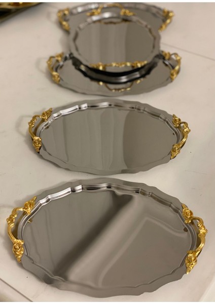 25 cm Oval Ince Kulplu 6'lı Çelik Servis ve Sunum Tepsisi Seti