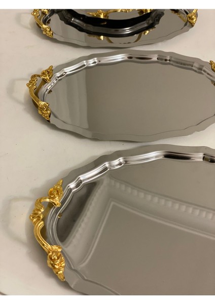 25 cm Oval Ince Kulplu 6'lı Çelik Servis ve Sunum Tepsisi Seti fiyatları