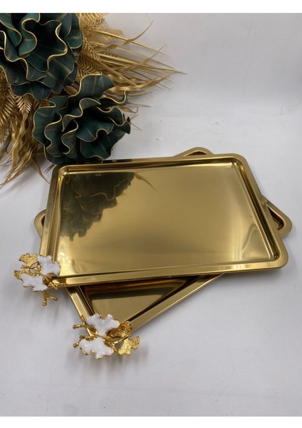 Gri Renkli 2'li Kelebekli Paslanmaz Metal Çay ve Kahve Sunum Tepsisi 33X23 cm fırsatları