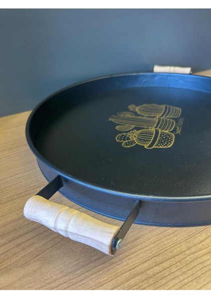 2'li Ahşap Saplı Siyah Metal Yuvarlak Oval Tepsi Seti, Şık Kahvaltı Sunumu fırsatları
