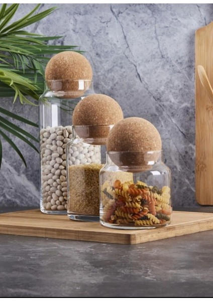3'lü Ahşap Top Mantar Kapaklı Cam Kavanoz Seti, Saklama ve Sunum Için Şık Tasarım