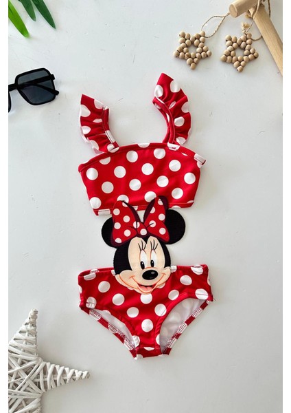 Mnn Ms Aplike Baskılı Kız Çocuk Mayo bikini takım - Kırmızı