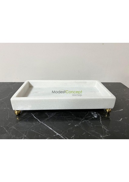 Doğal Mermer Dikdörtgen Tepsi ve Sunumluk, 15X30, Banyo ve Ev Düzenleyici, Gold Top Ayak