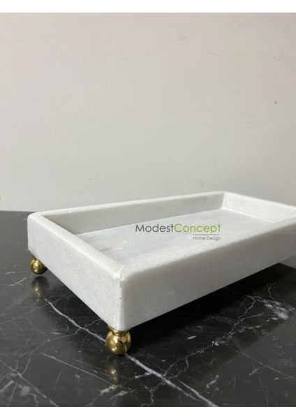 Doğal Mermer Dikdörtgen Tepsi ve Sunumluk, 15X30, Banyo ve Ev Düzenleyici, Gold Top Ayak